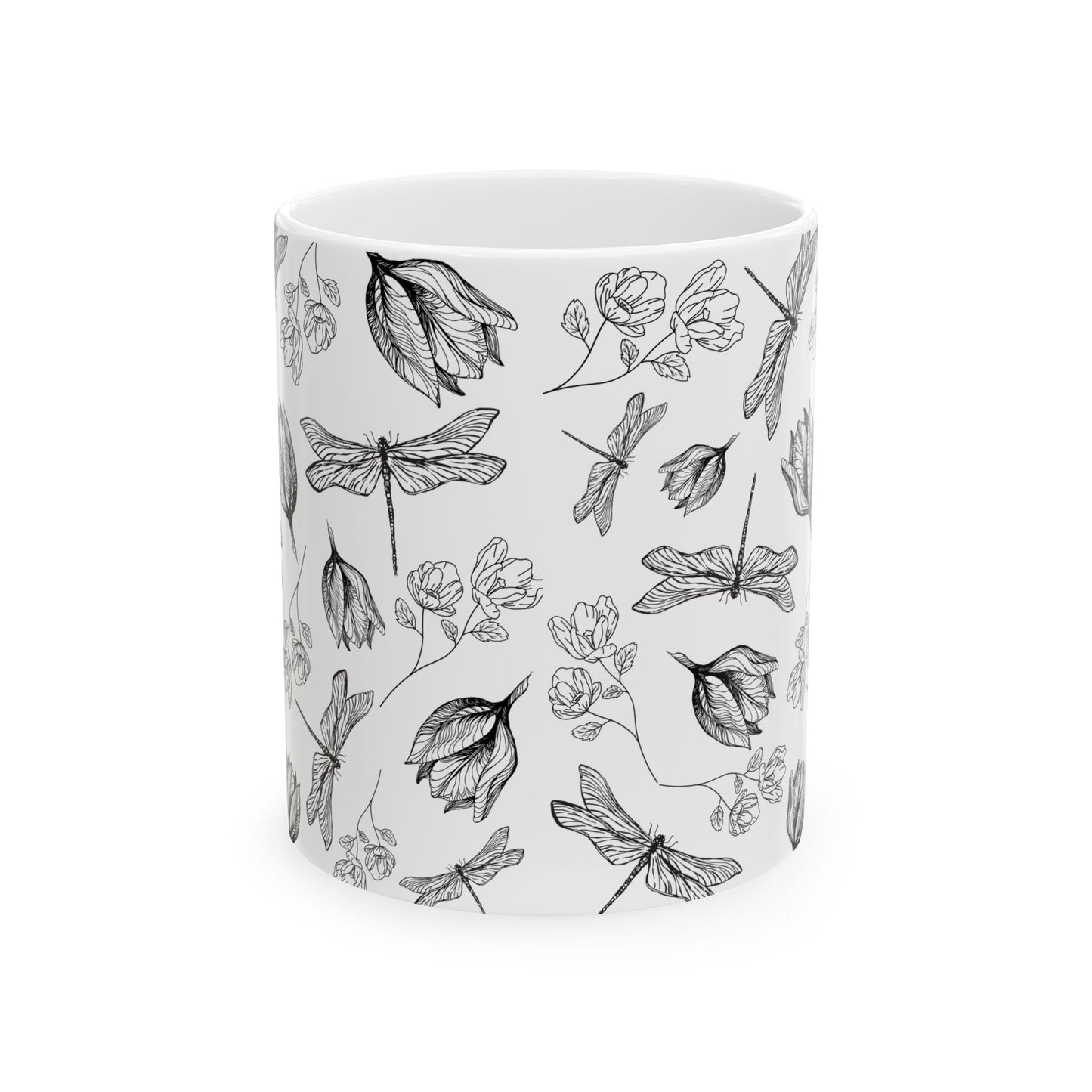 Dragonfly Floral White Ceramic Mug, (11oz, 15oz)