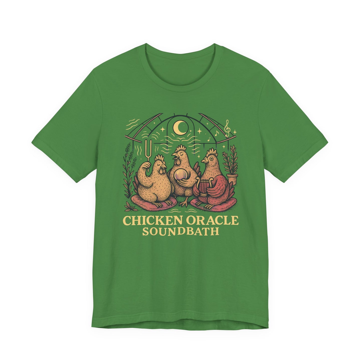 Chicken Oracle Soundbath Tee Spiritual Chickens Under a Cosmic Canopy