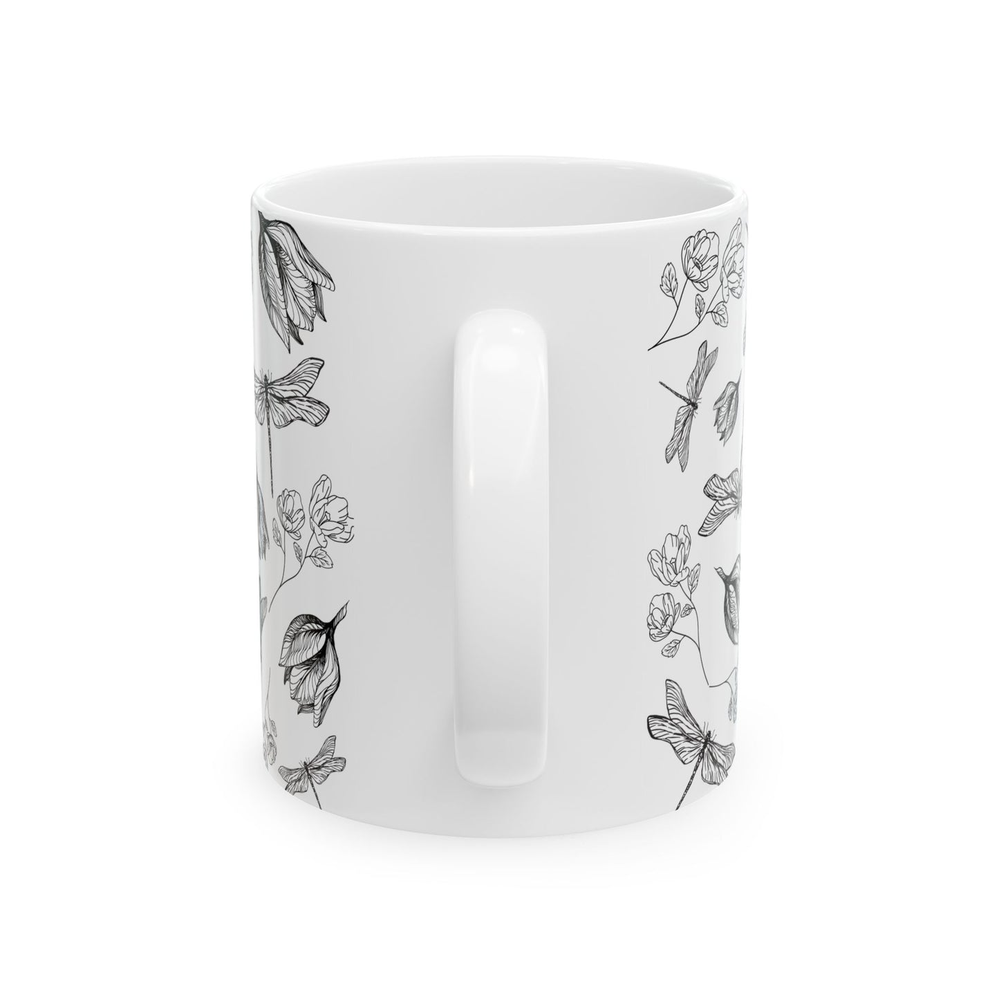 Dragonfly Floral White Ceramic Mug, (11oz, 15oz)