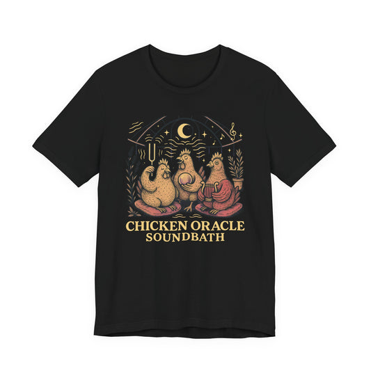 Chicken Oracle Soundbath Tee Spiritual Chickens Under a Cosmic Canopy