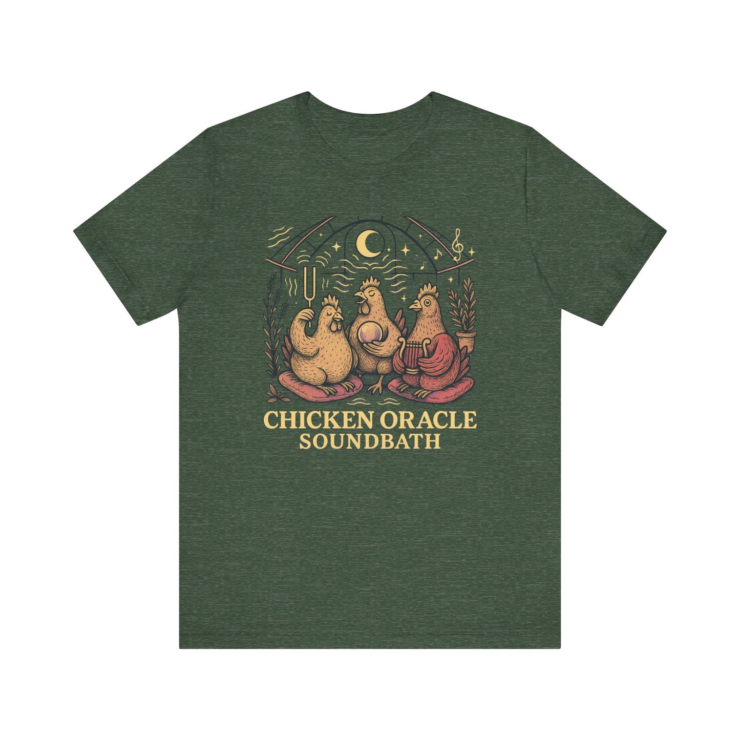 Chicken Oracle Soundbath Tee Spiritual Chickens Under a Cosmic Canopy
