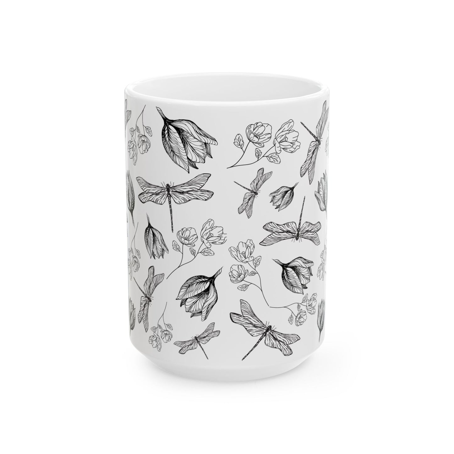 Dragonfly Floral White Ceramic Mug, (11oz, 15oz)