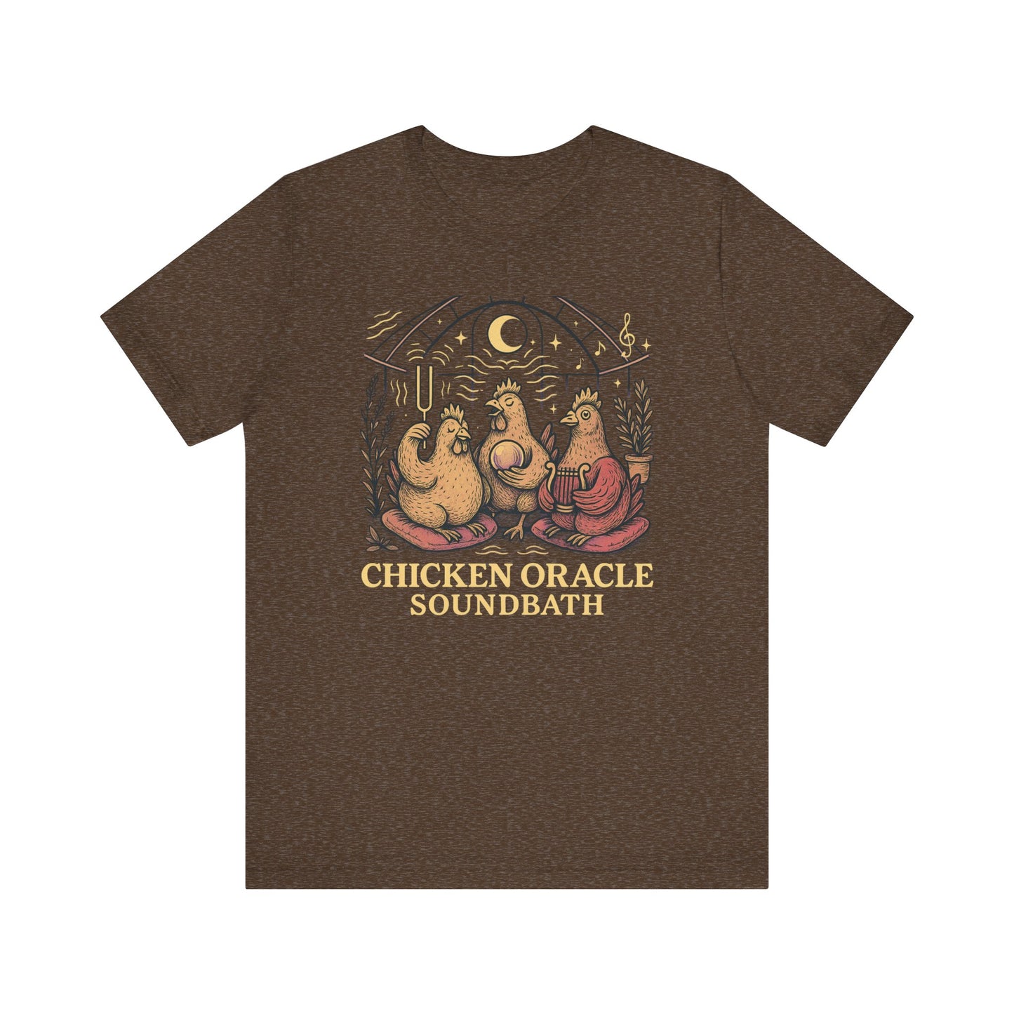 Chicken Oracle Soundbath Tee Spiritual Chickens Under a Cosmic Canopy
