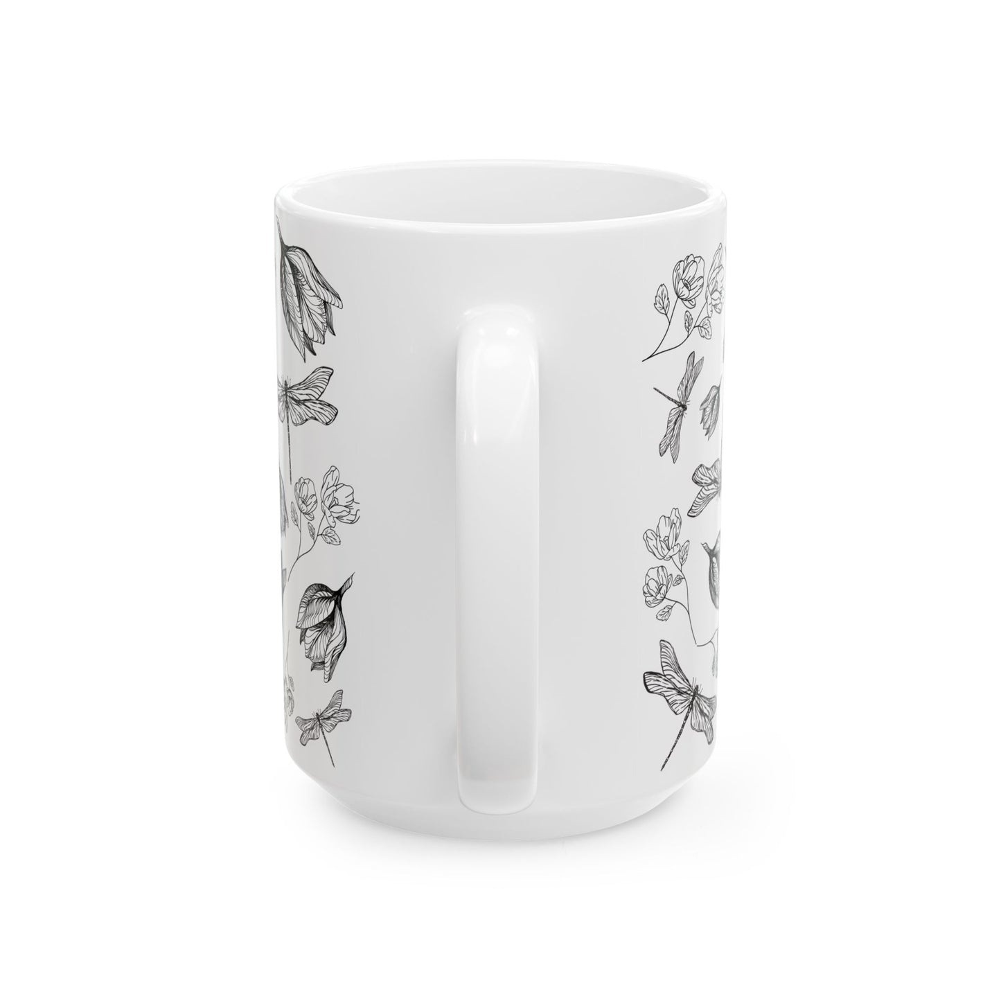 Dragonfly Floral White Ceramic Mug, (11oz, 15oz)