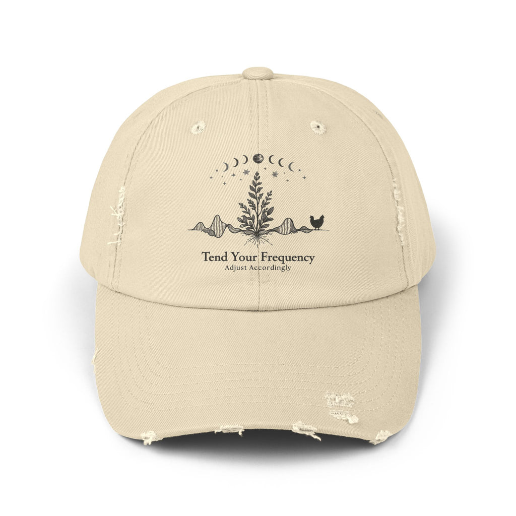 Tend Your Frequency: Adjust Accordingly Botanical Moon Phase Distressed Cap