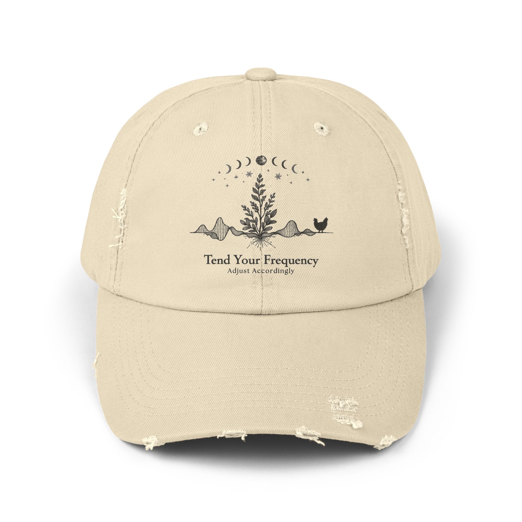 Tend Your Frequency: Adjust Accordingly Botanical Moon Phase Distressed Cap