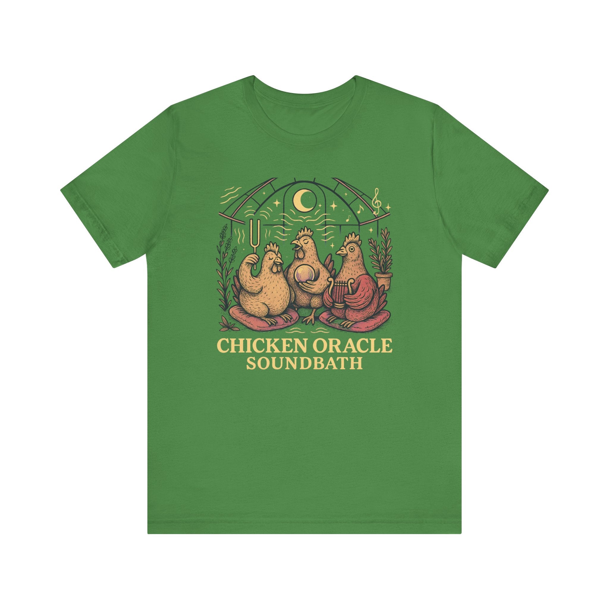 Chicken Oracle Soundbath Tee Spiritual Chickens Under a Cosmic Canopy