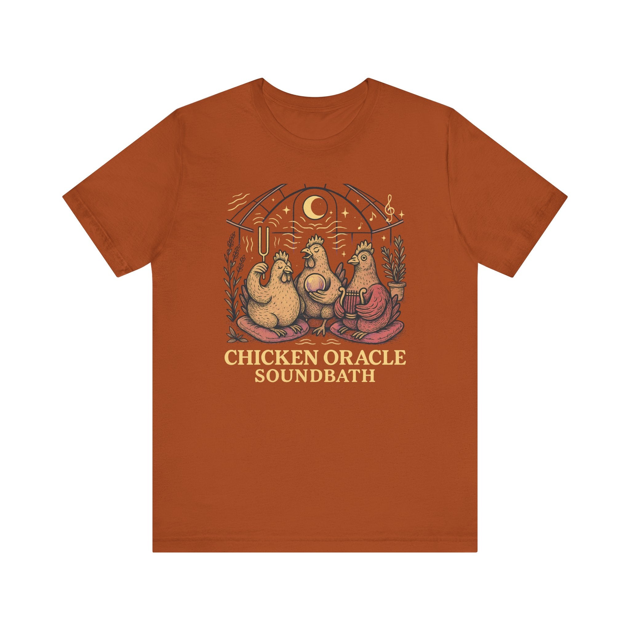 Chicken Oracle Soundbath Tee Spiritual Chickens Under a Cosmic Canopy