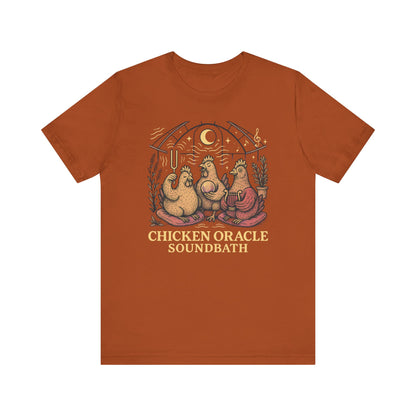 Chicken Oracle Soundbath Tee Spiritual Chickens Under a Cosmic Canopy