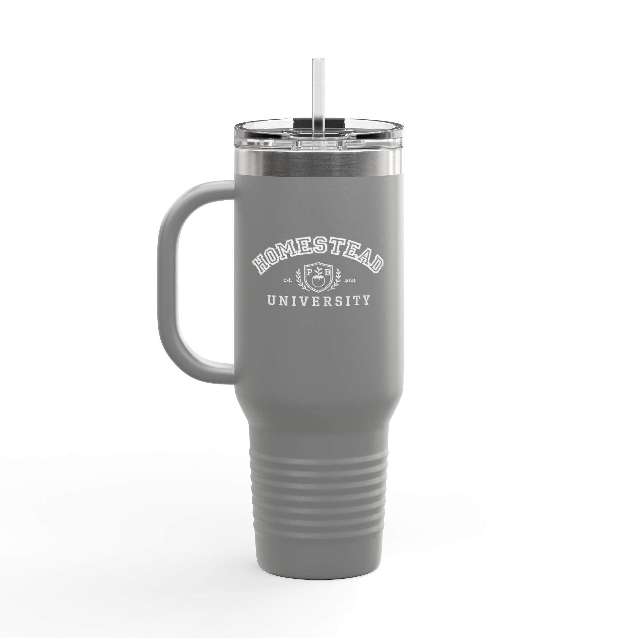 Homestead University 40oz Insulated Travel Mug – Large Stainless Tumbler with Straw
