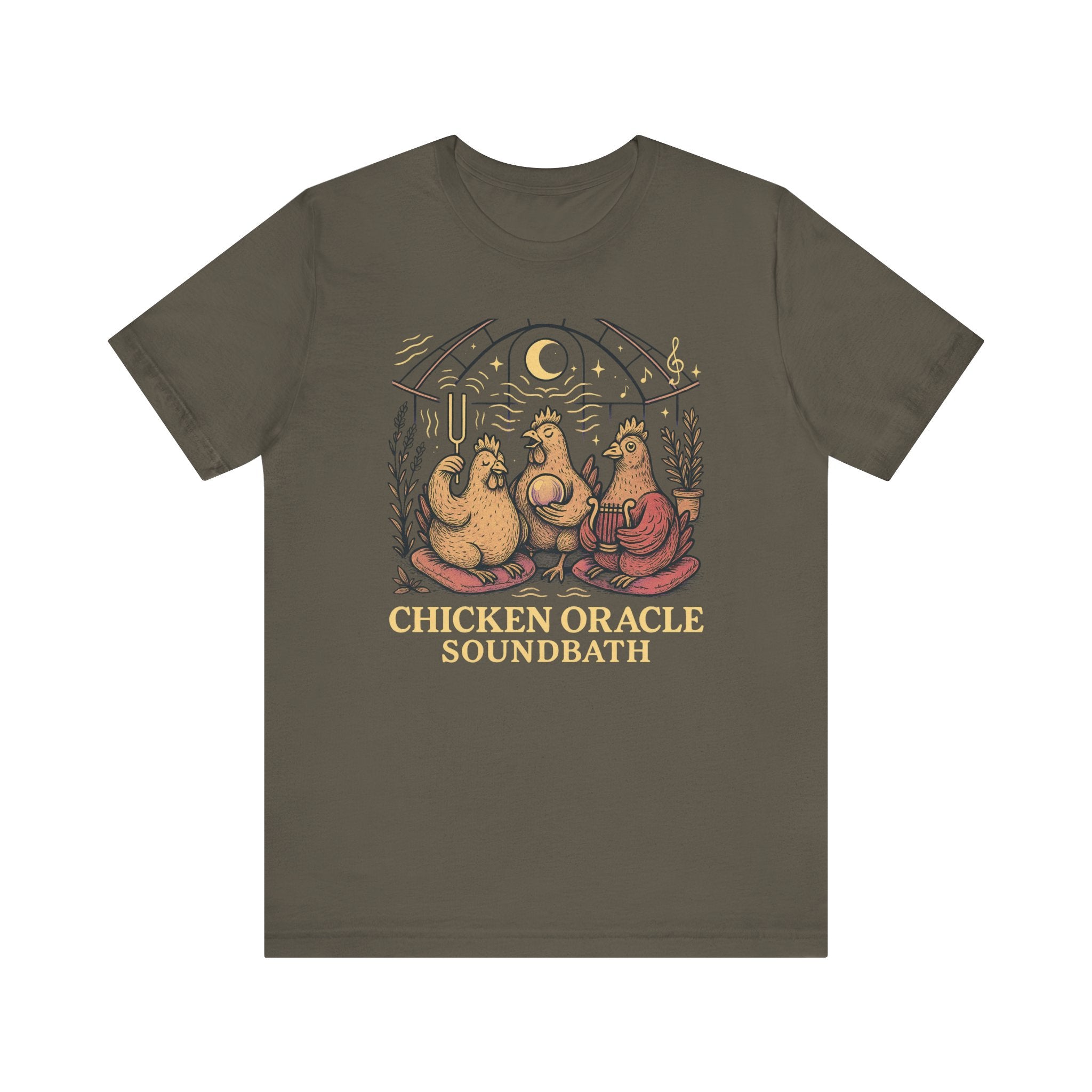 Chicken Oracle Soundbath Tee Spiritual Chickens Under a Cosmic Canopy