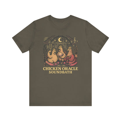 Chicken Oracle Soundbath Tee Spiritual Chickens Under a Cosmic Canopy