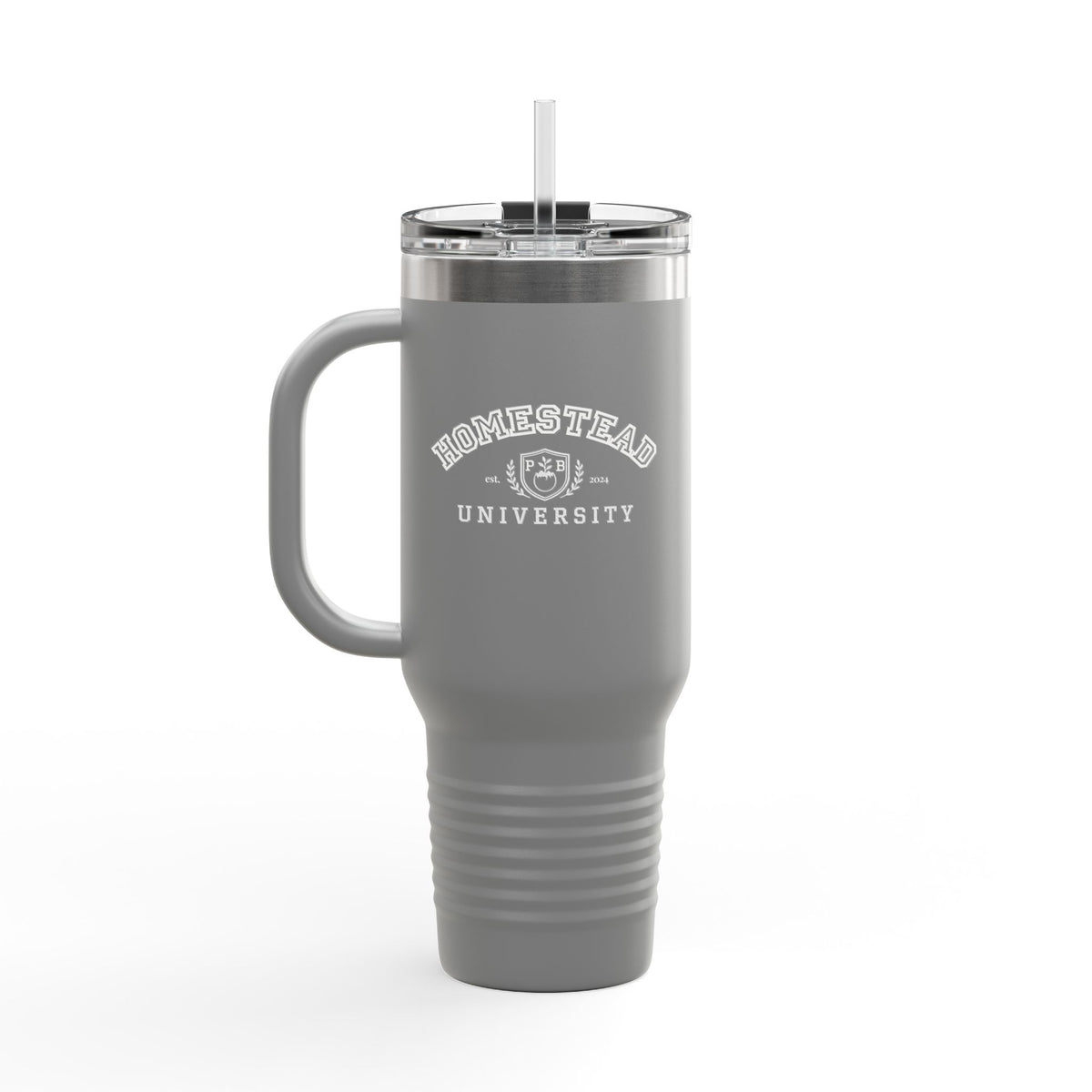 Homestead University Insulated Travel Mug – Large Stainless Tumbler with Straw