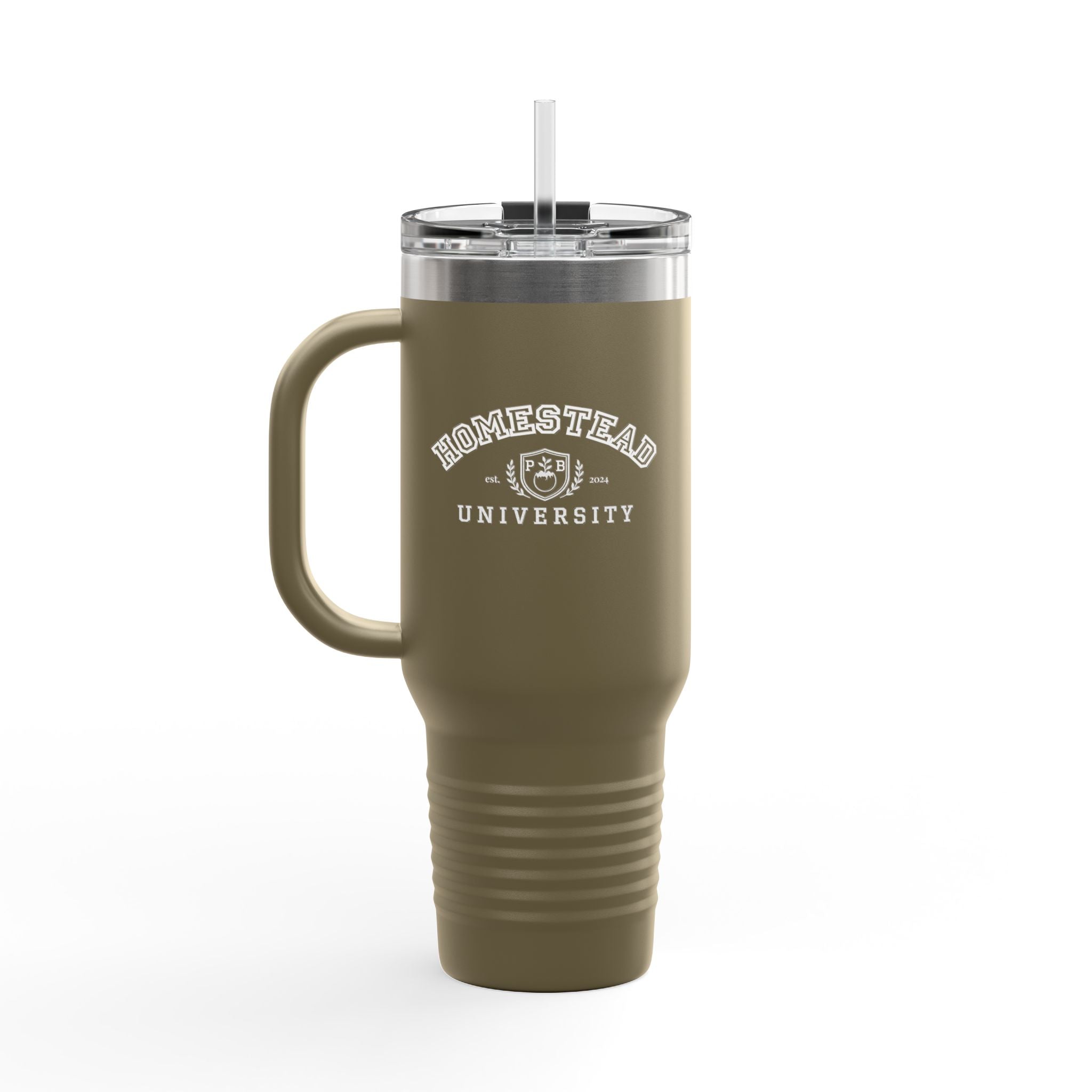 Homestead University 40oz Insulated Travel Mug – Large Stainless Tumbler with Straw