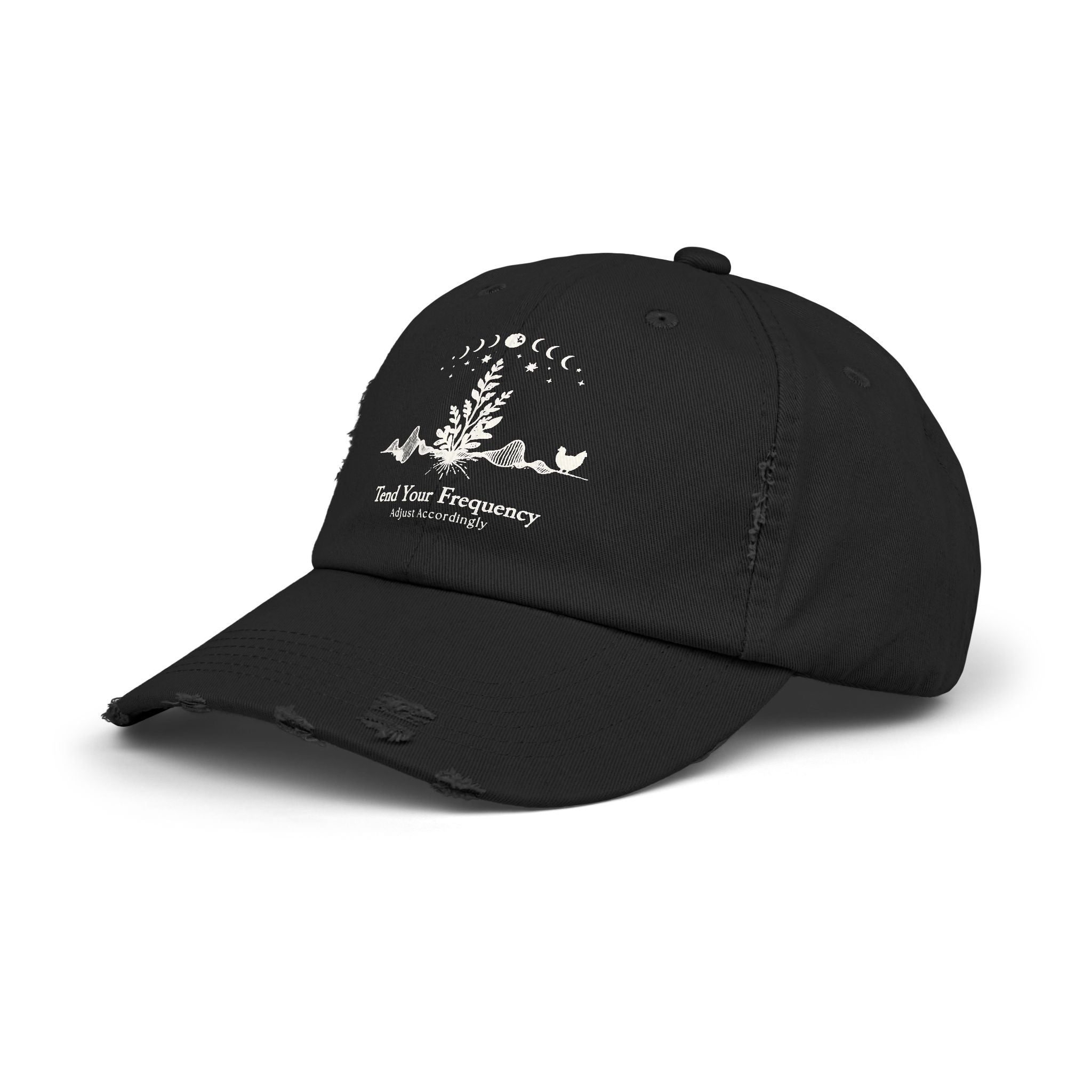 Tend Your Frequency: Adjust Accordingly Botanical Moon Phase Distressed Cap