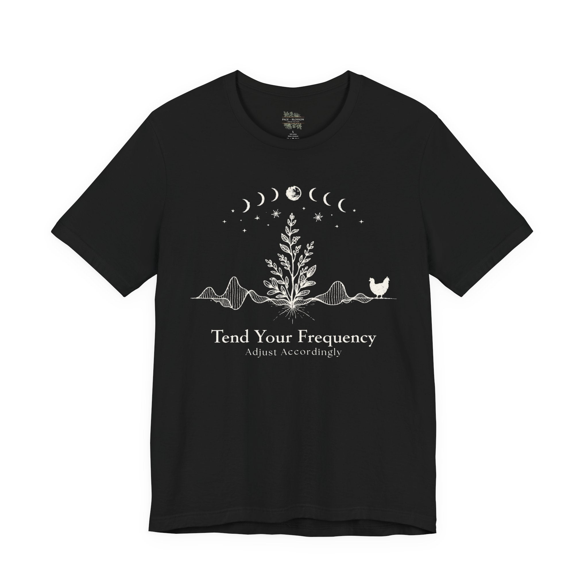 Tend Your Frequency: Adjust Accordingly Moon Phase Botanical Tee