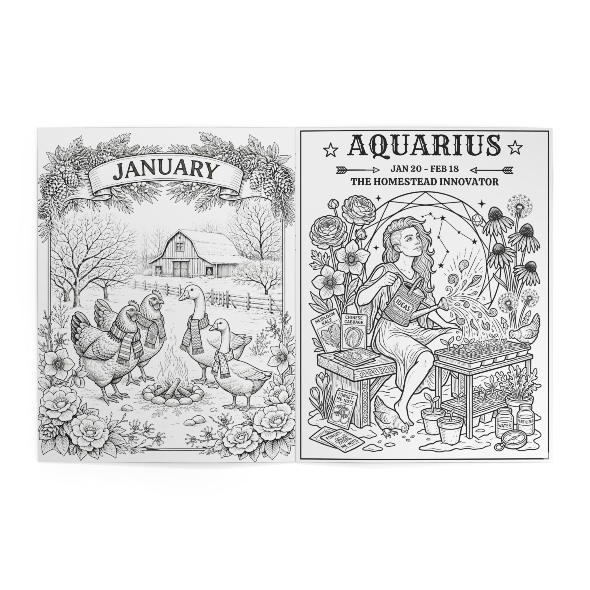 The Astrological Homesteaders Almanac, 2-in-1 Monthly Homestead Scenes and Zodiac Coloring Book