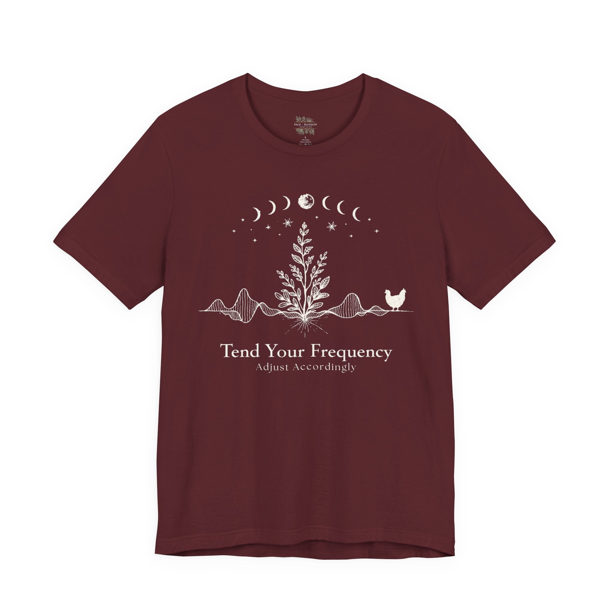 Tend Your Frequency: Adjust Accordingly Moon Phase Botanical Tee