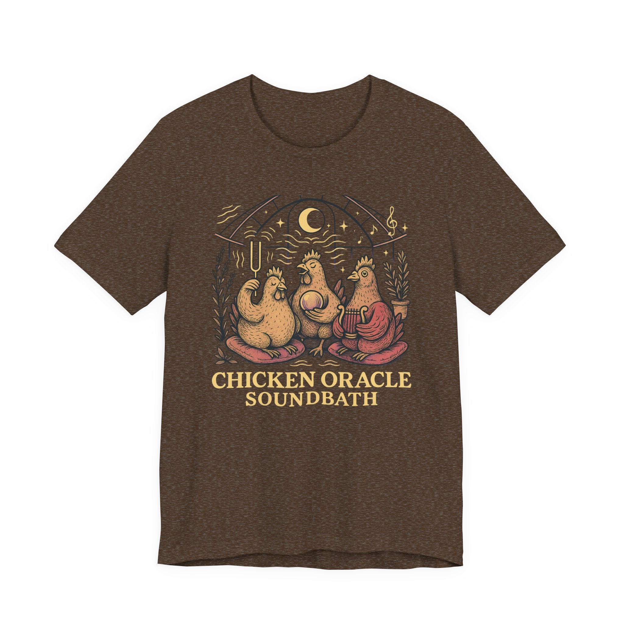 Chicken Oracle Soundbath Tee Spiritual Chickens Under a Cosmic Canopy