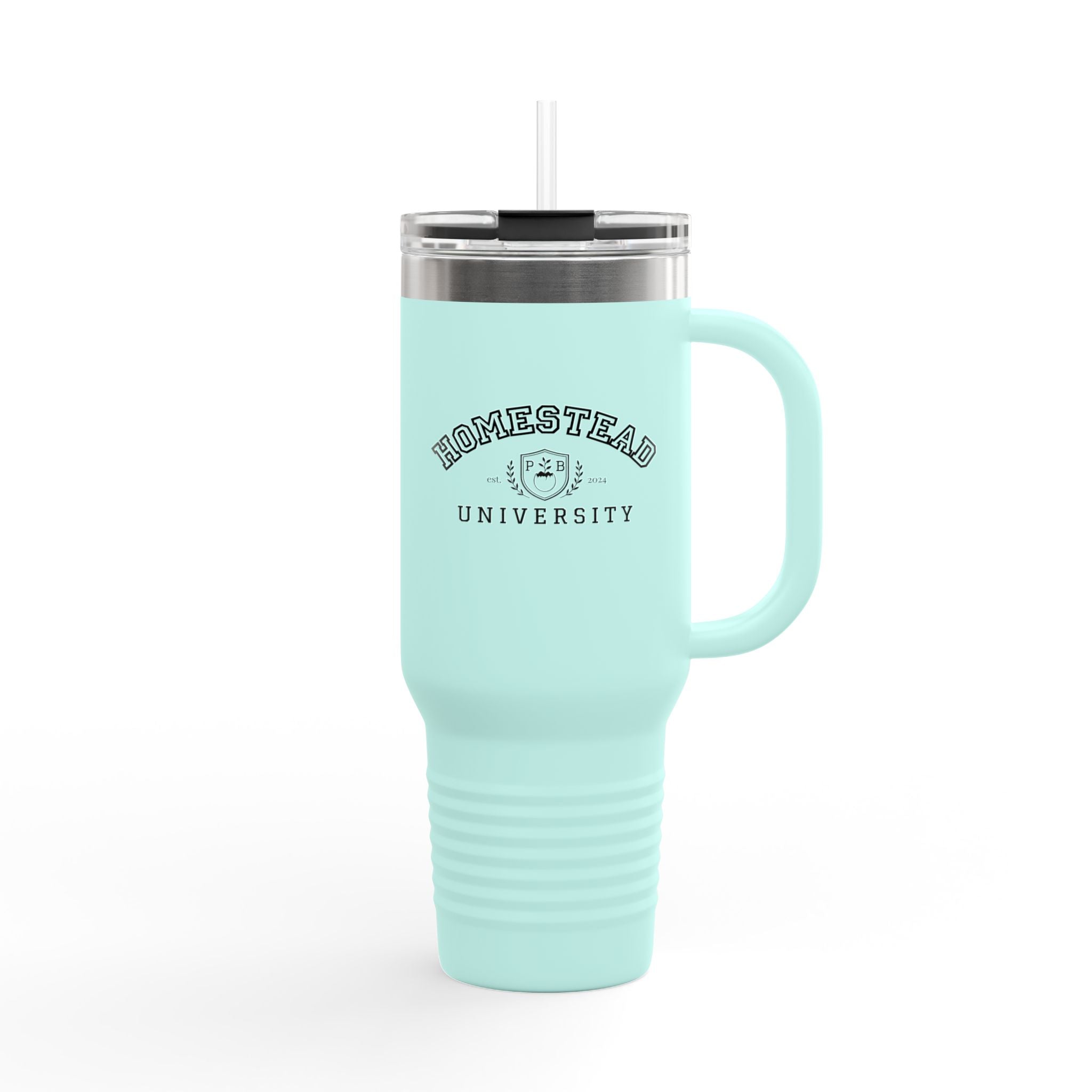 Homestead University 40oz Insulated Travel Mug – Large Stainless Tumbler with Straw