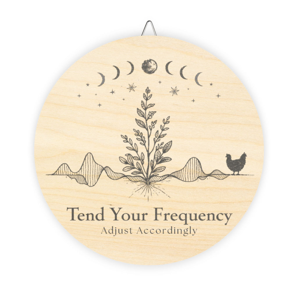 Tend Your Frequency: Adjust Accordingly Botanical Moon Phase Wood Sign Wall Art