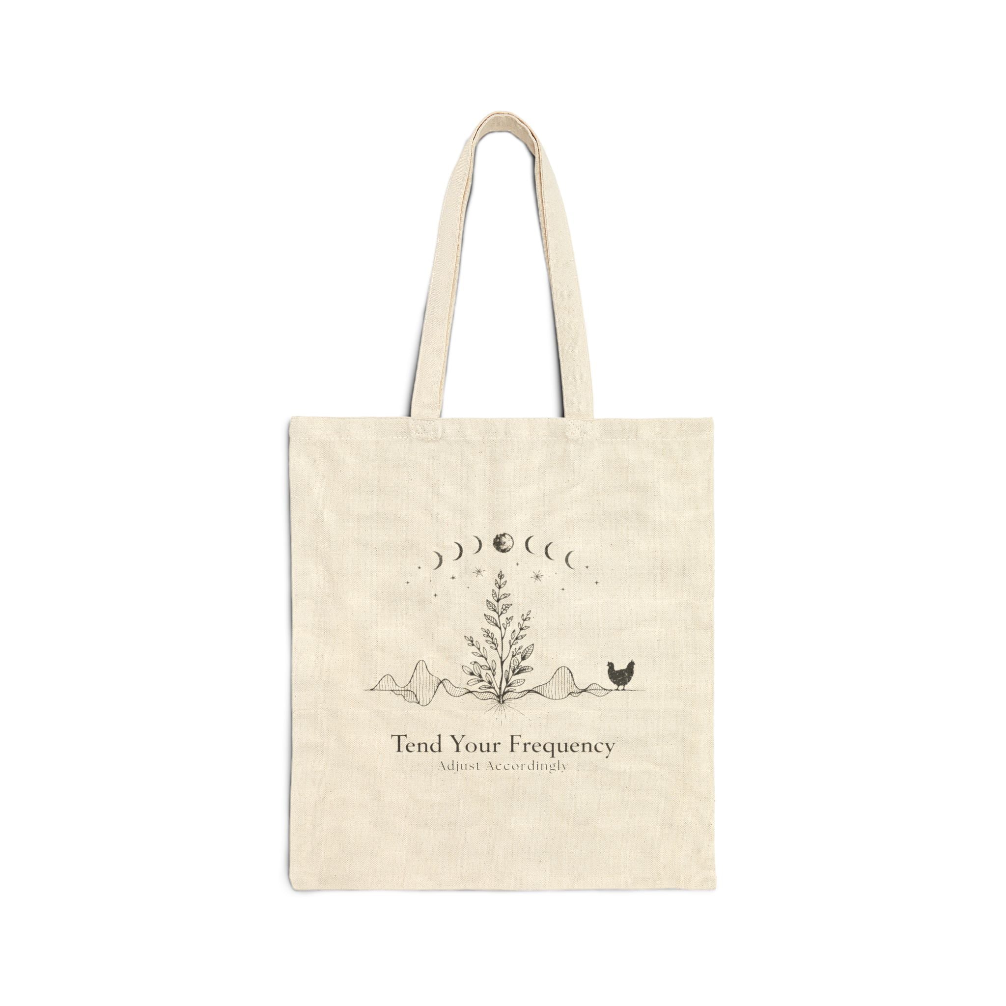 Tend Your Frequency: Adjust Accordingly Moon Phase Botanical Canvas Tote Bag