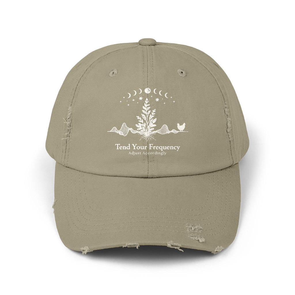 Tend Your Frequency: Adjust Accordingly Botanical Moon Phase Distressed Cap