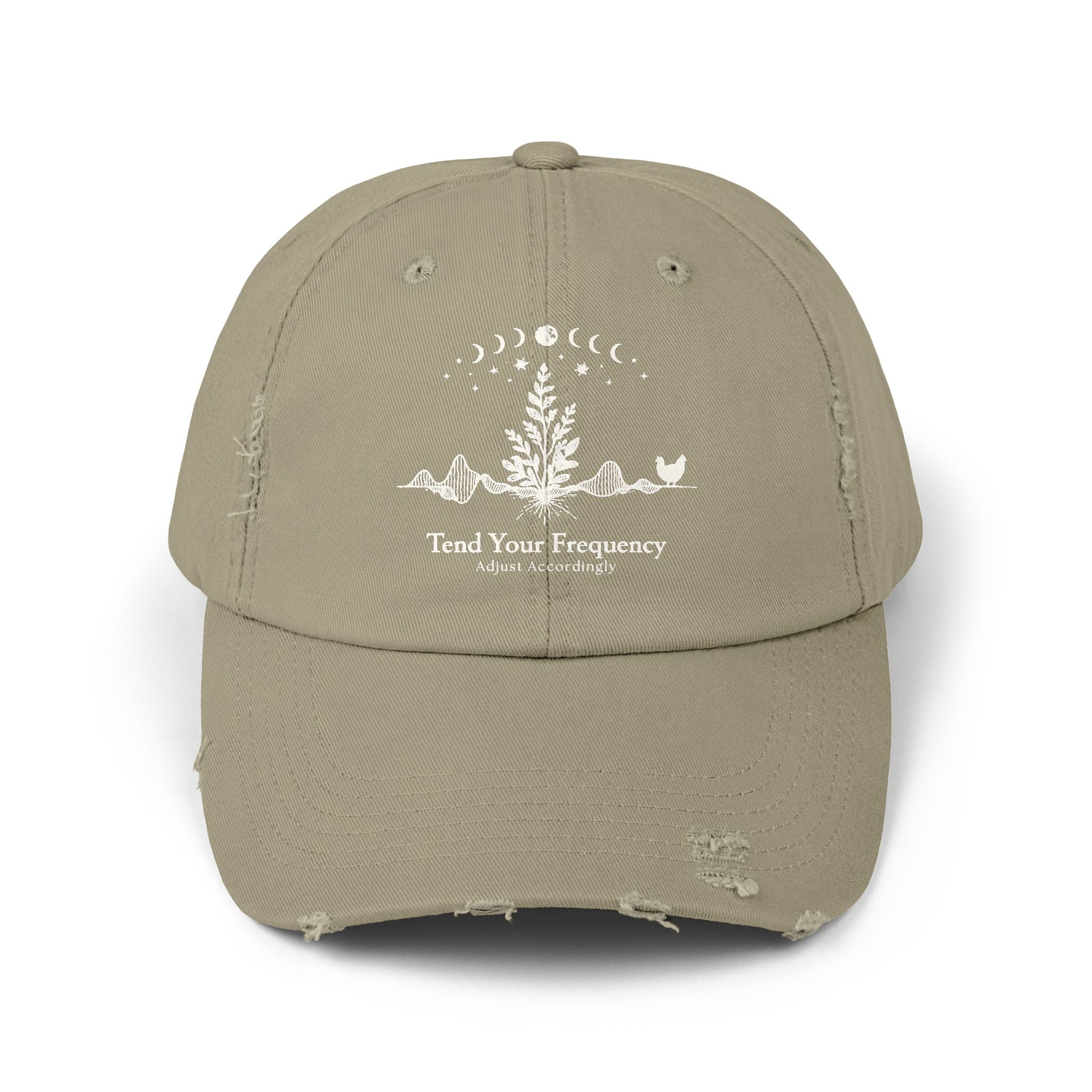 Tend Your Frequency: Adjust Accordingly Botanical Moon Phase Distressed Cap