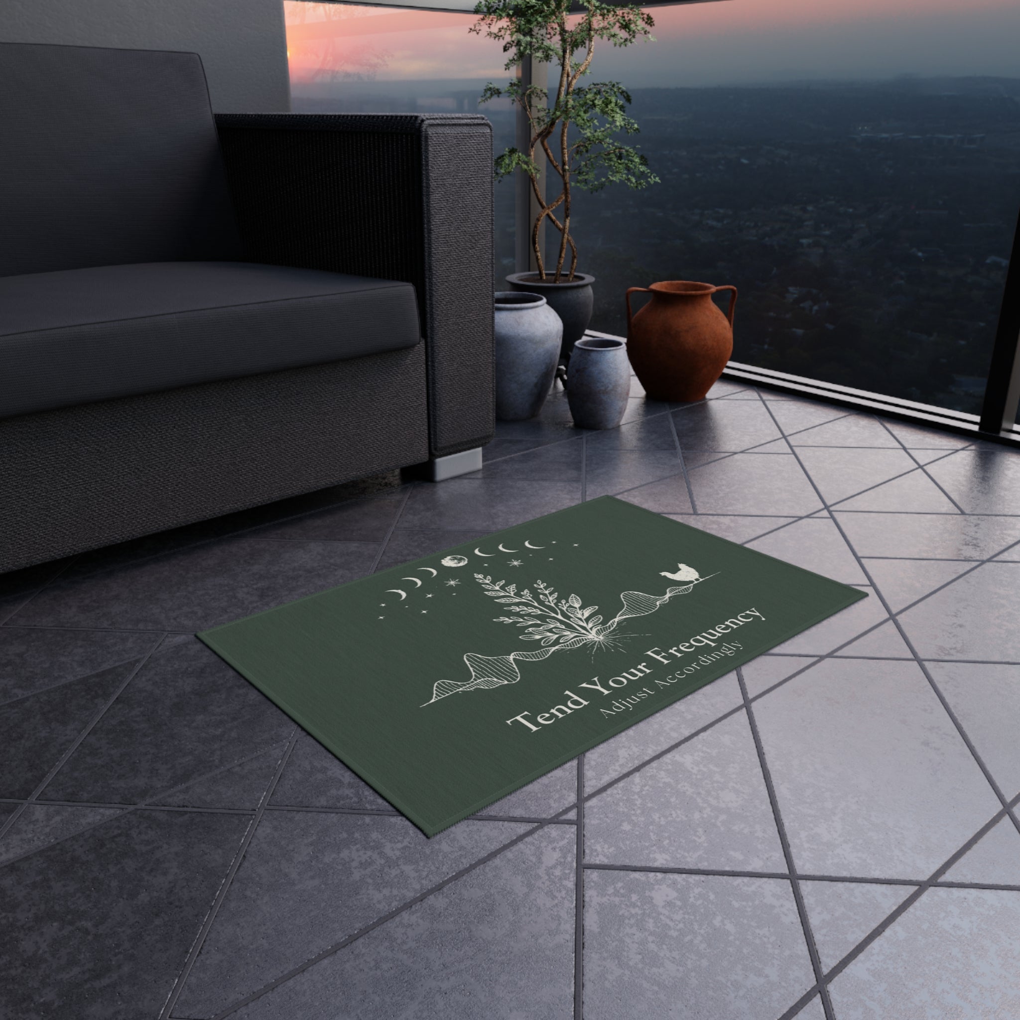Tend Your Frequency: Adjust Accordingly Botanical Moon Phases Outdoor Rug Doormat