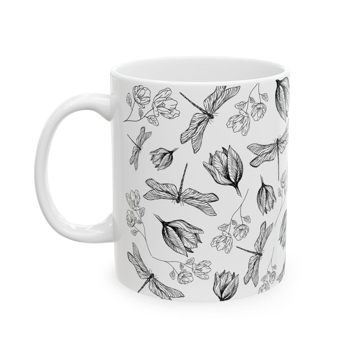 Dragonfly Floral White Ceramic Mug
