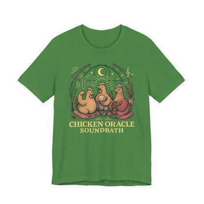 Chicken Oracle Soundbath Tee Spiritual Chickens Under a Cosmic Canopy