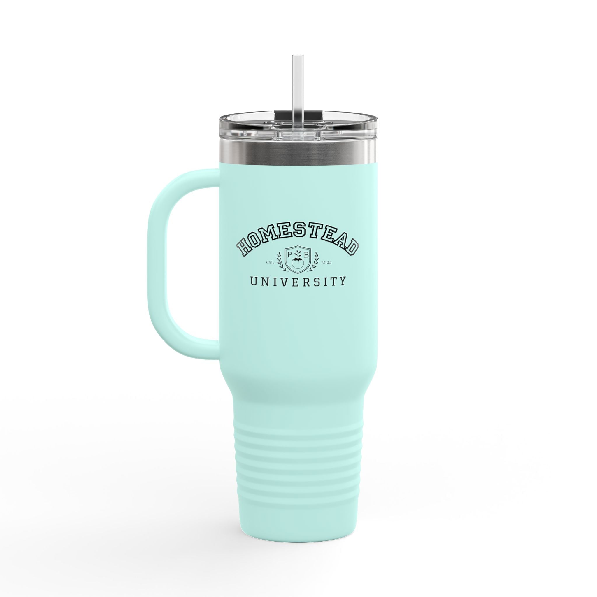 Homestead University 40oz Insulated Travel Mug – Large Stainless Tumbler with Straw