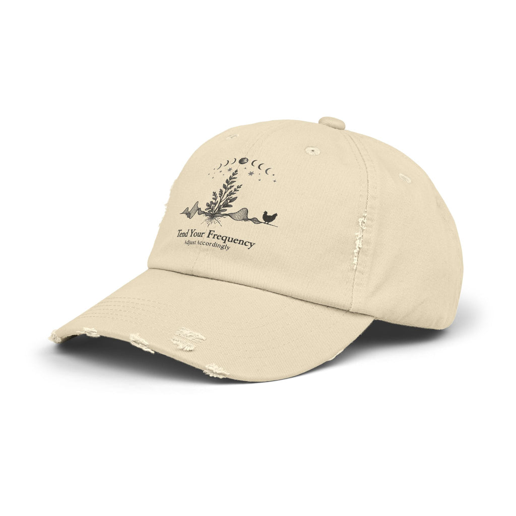Tend Your Frequency: Adjust Accordingly Botanical Moon Phase Distressed Cap