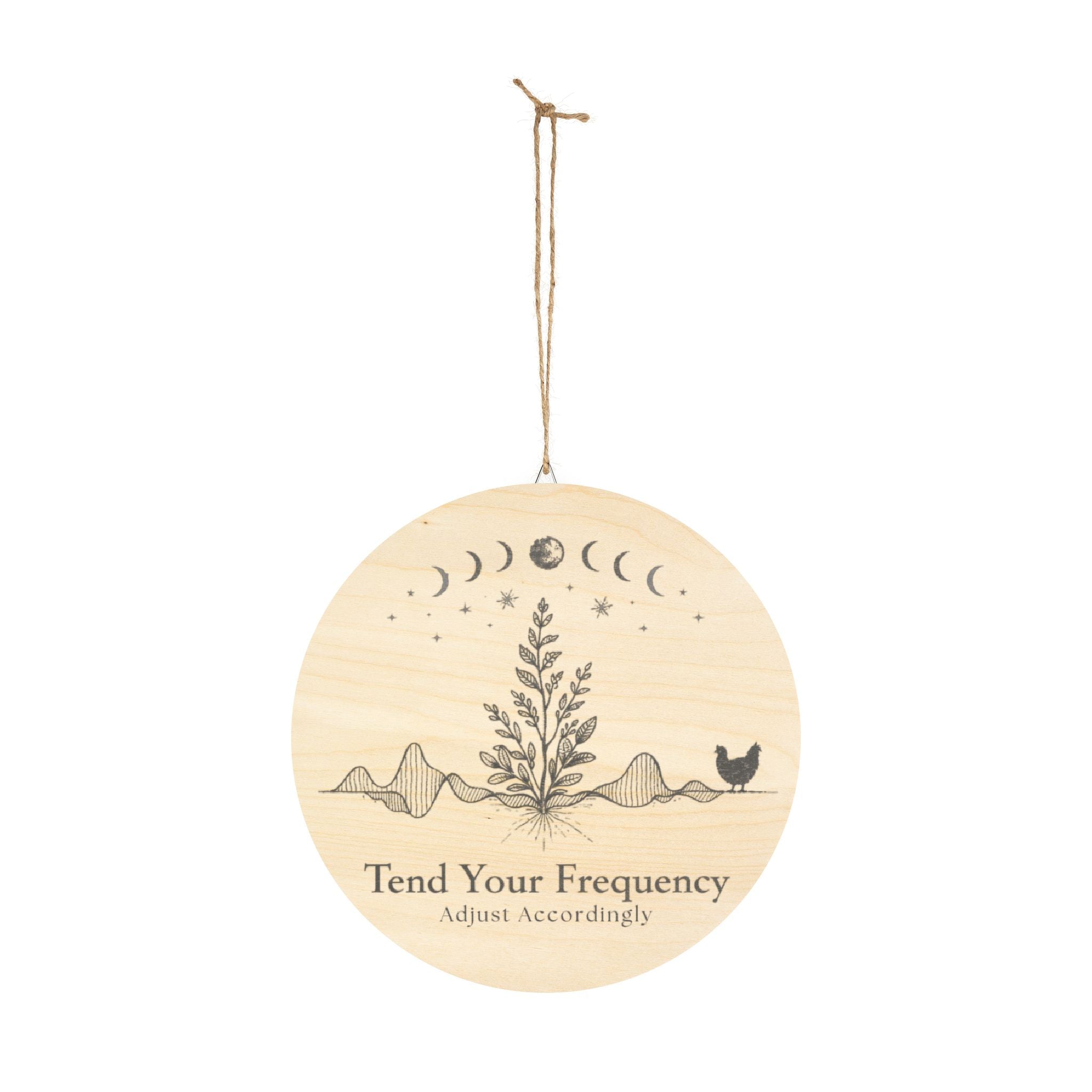 Tend Your Frequency: Adjust Accordingly Botanical Moon Phase Wood Sign Wall Art