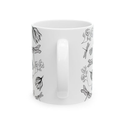 Dragonfly Floral White Ceramic Mug, (11oz, 15oz)