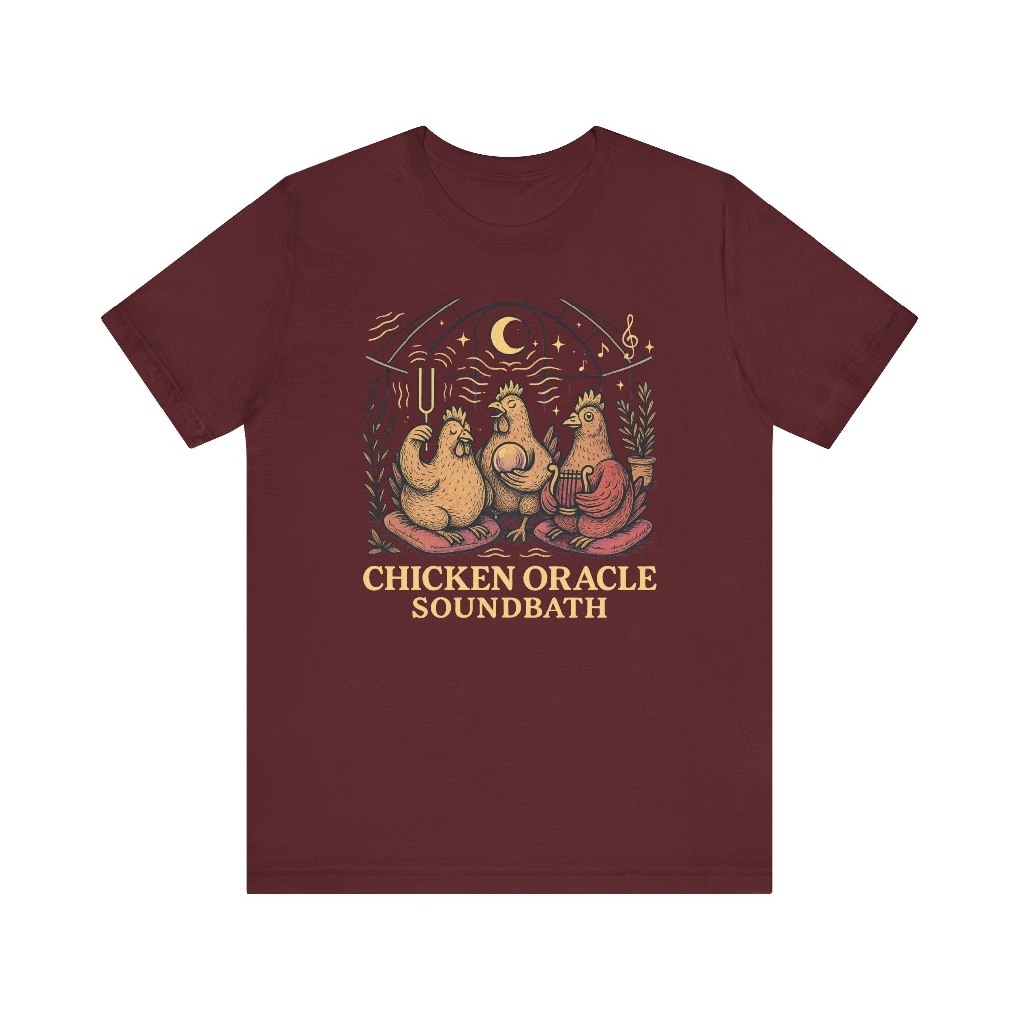 Chicken Oracle Soundbath Tee Spiritual Chickens Under a Cosmic Canopy