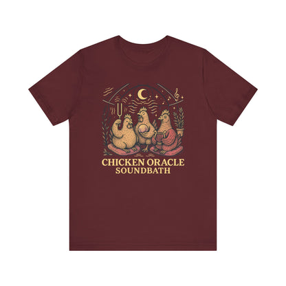 Chicken Oracle Soundbath Tee Spiritual Chickens Under a Cosmic Canopy