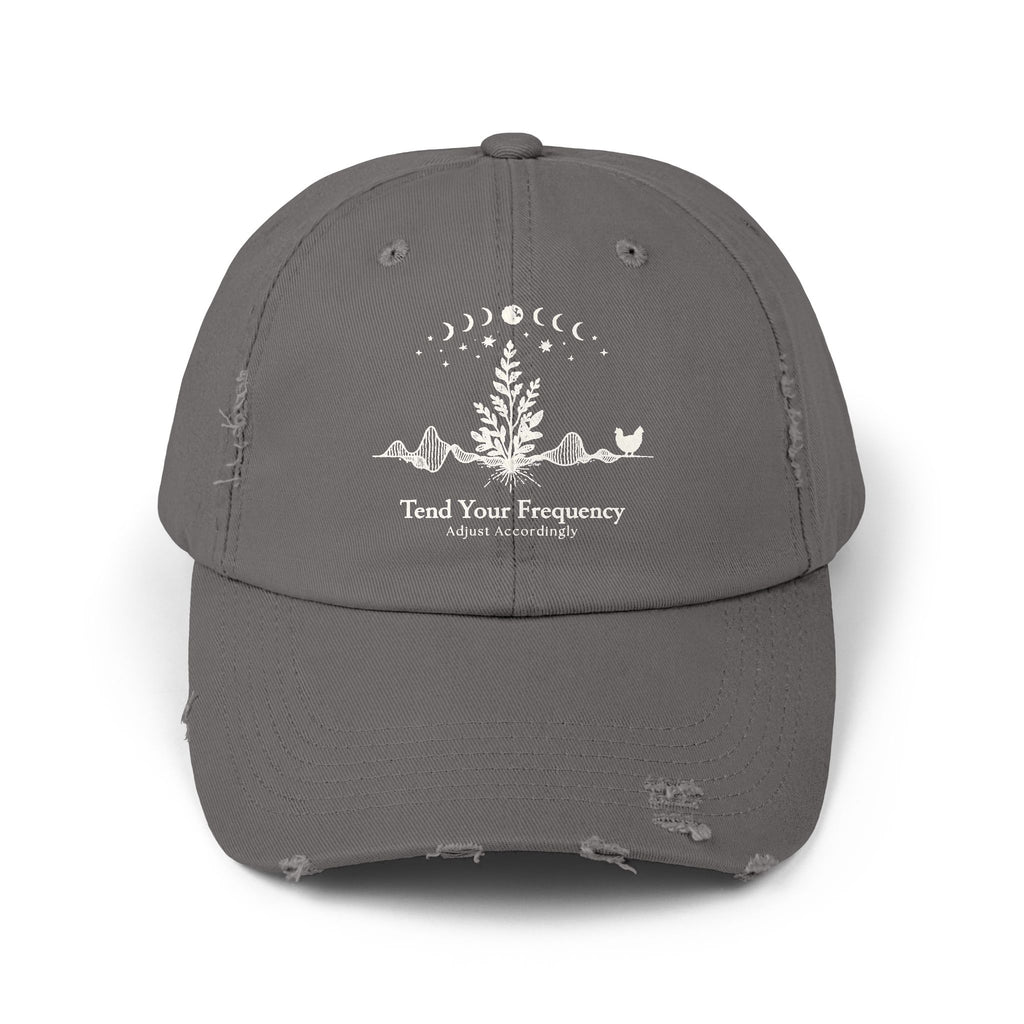 Tend Your Frequency: Adjust Accordingly Botanical Moon Phase Distressed Cap
