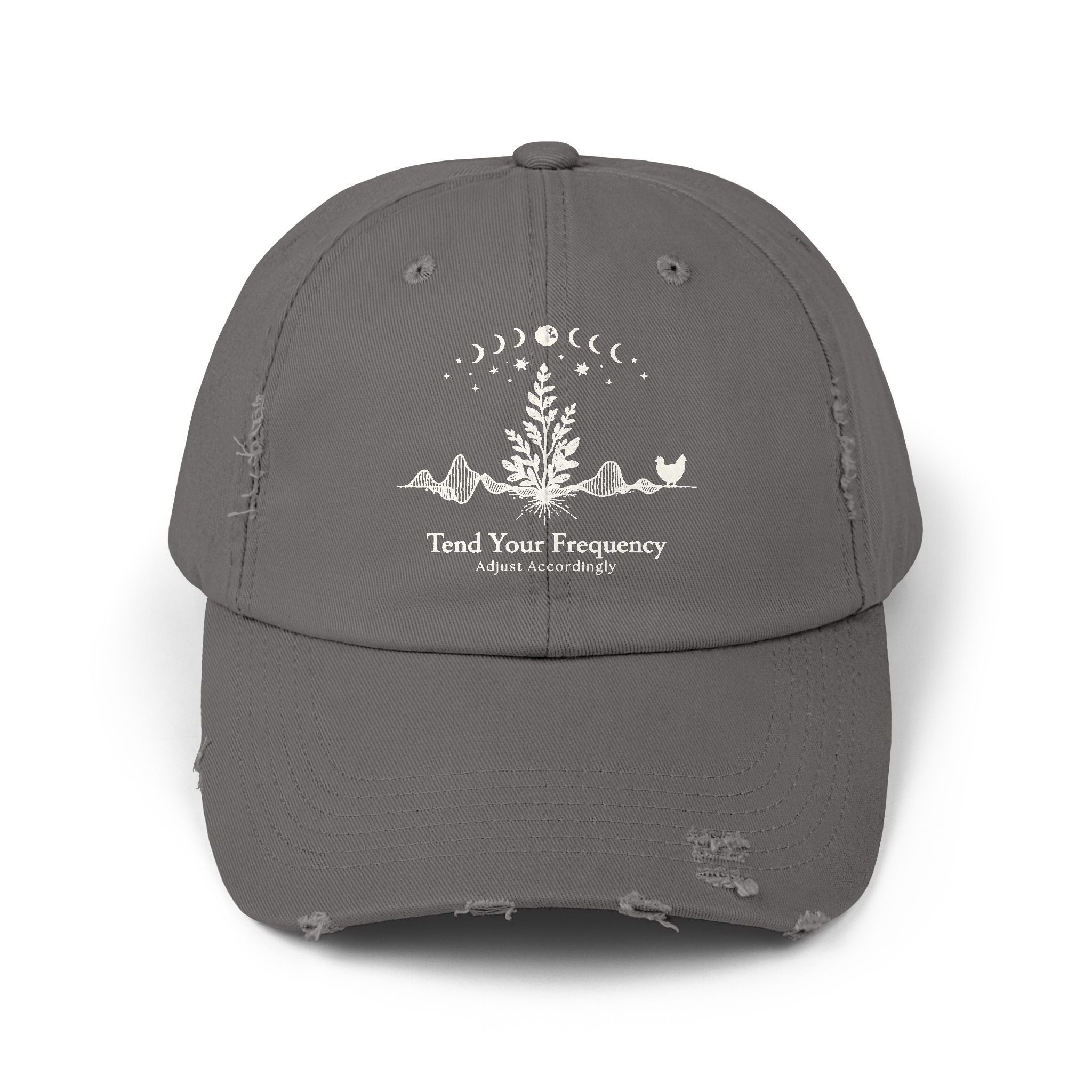 Tend Your Frequency: Adjust Accordingly Botanical Moon Phase Distressed Cap