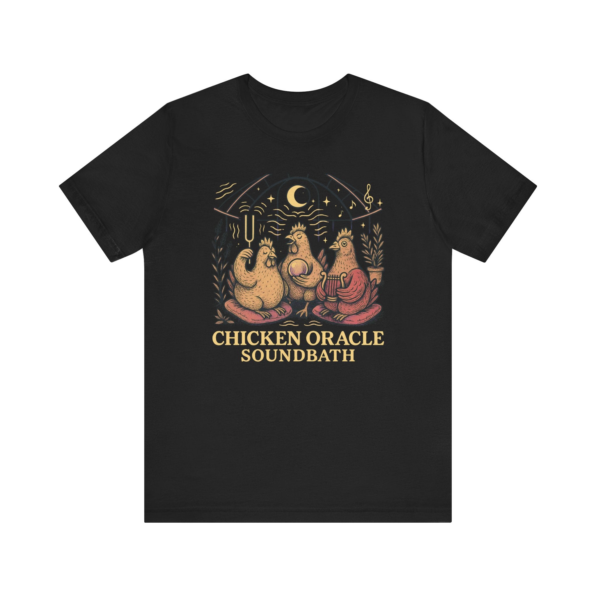Chicken Oracle Soundbath Tee Spiritual Chickens Under a Cosmic Canopy