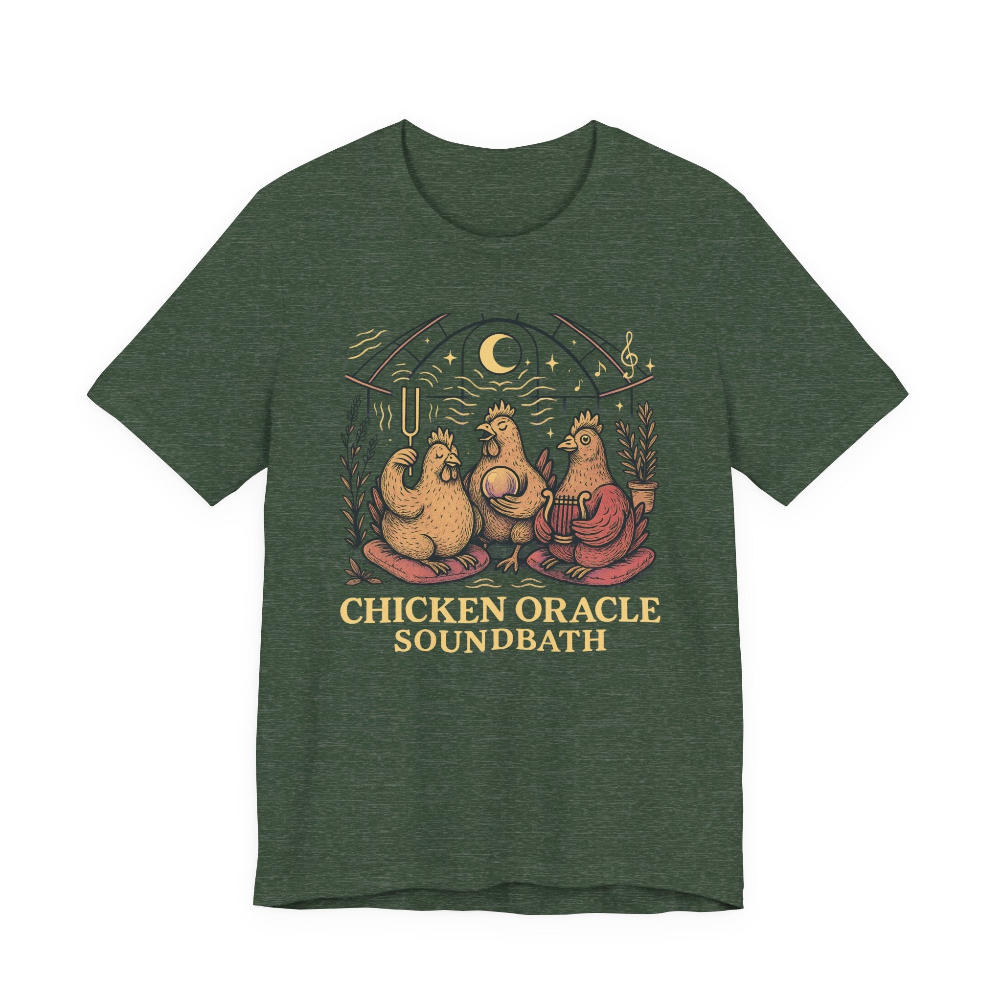 Chicken Oracle Soundbath Tee Spiritual Chickens Under a Cosmic Canopy