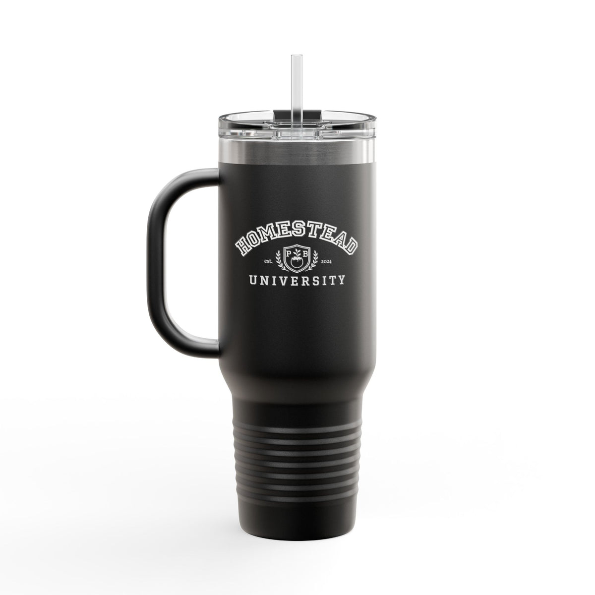 Homestead University Insulated Travel Mug – Large Stainless Tumbler with Straw