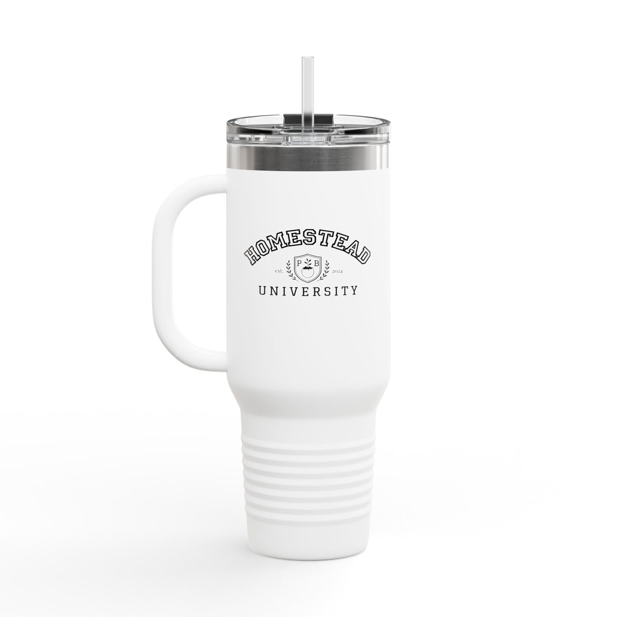 Homestead University Insulated Travel Mug – Large Stainless Tumbler with Straw