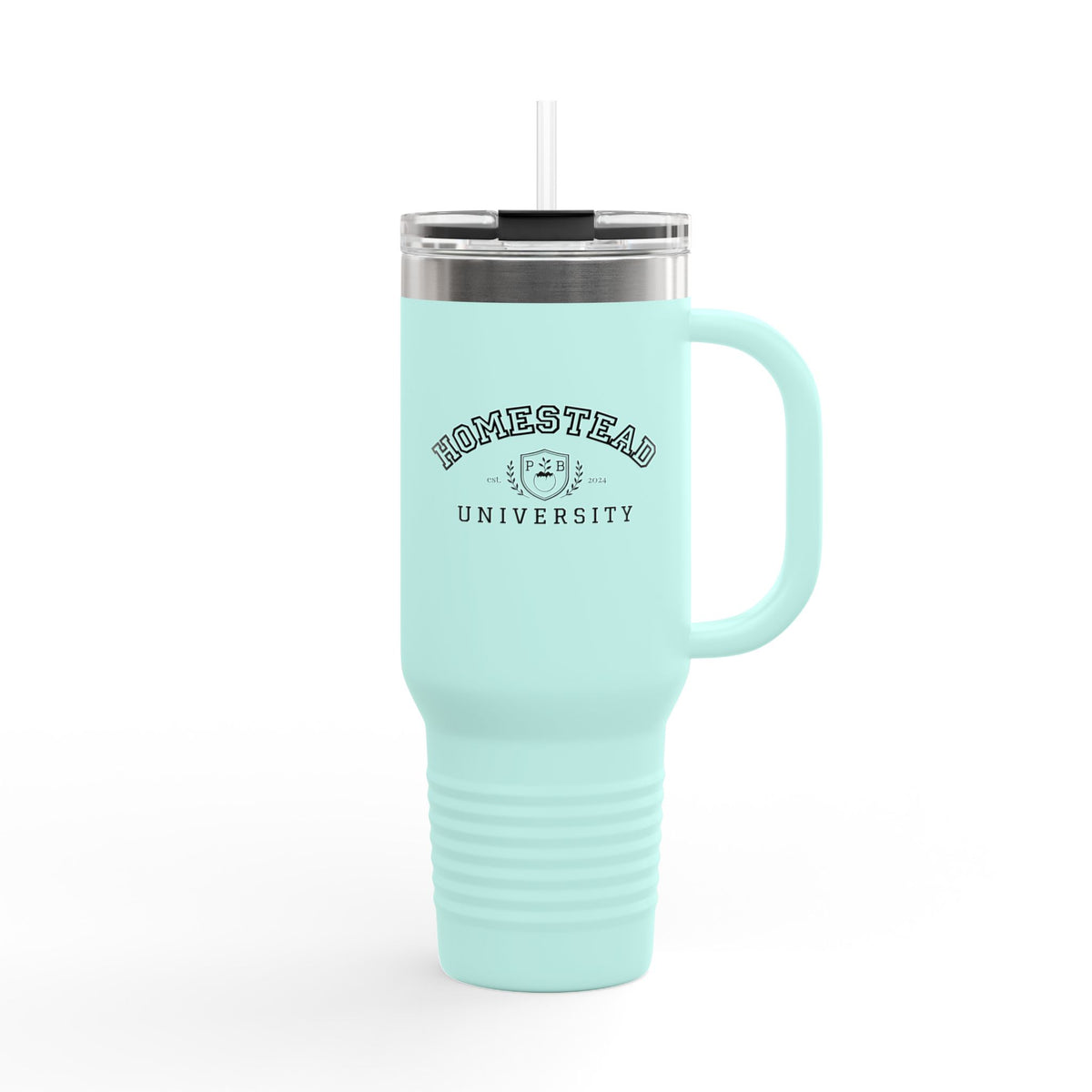 Homestead University Insulated Travel Mug – Large Stainless Tumbler with Straw