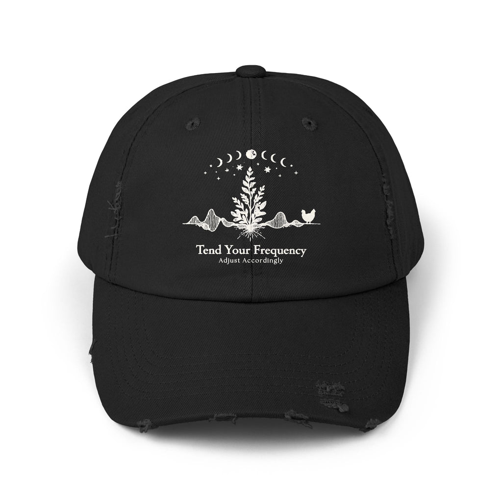 Tend Your Frequency: Adjust Accordingly Botanical Moon Phase Distressed Cap