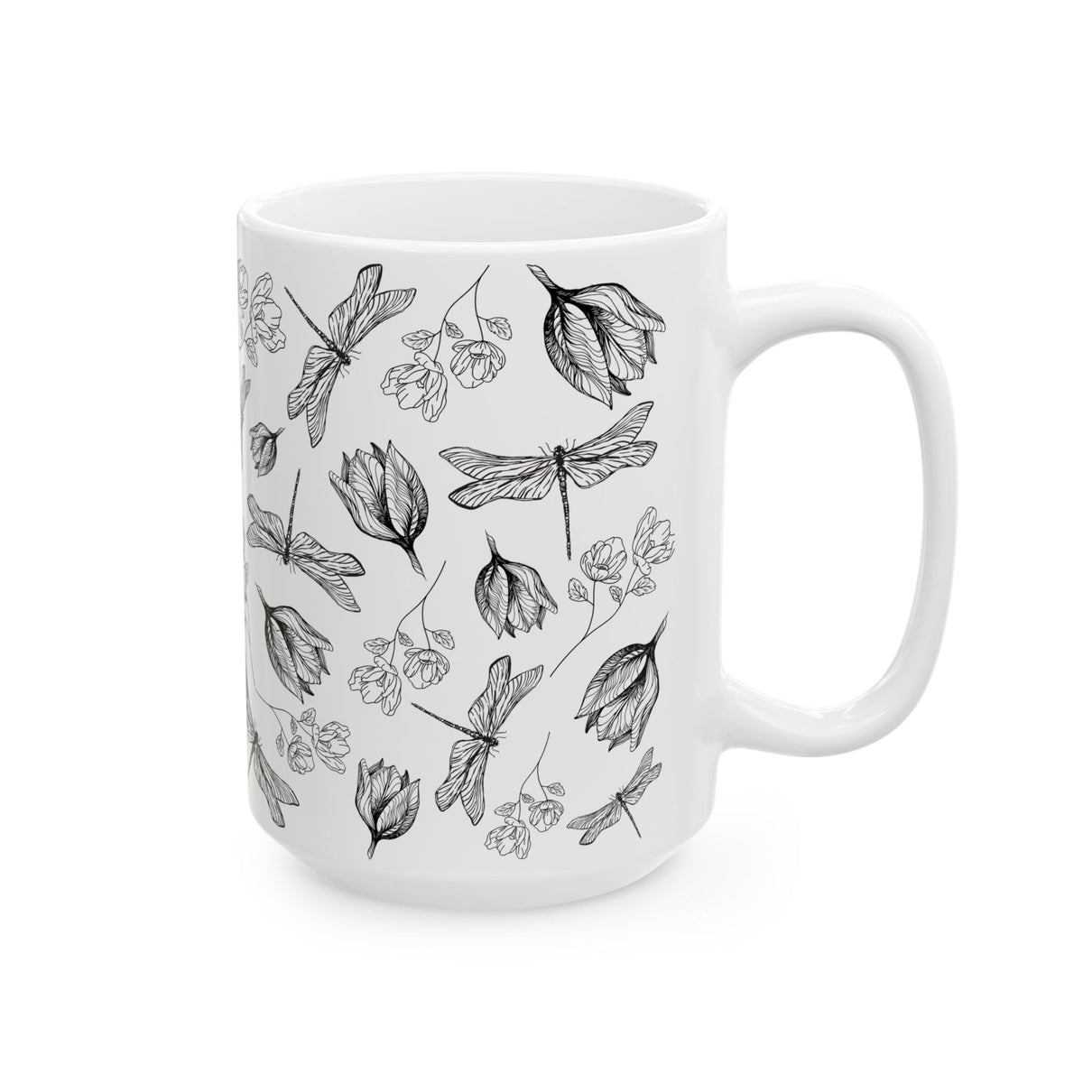 Dragonfly Floral White Ceramic Mug