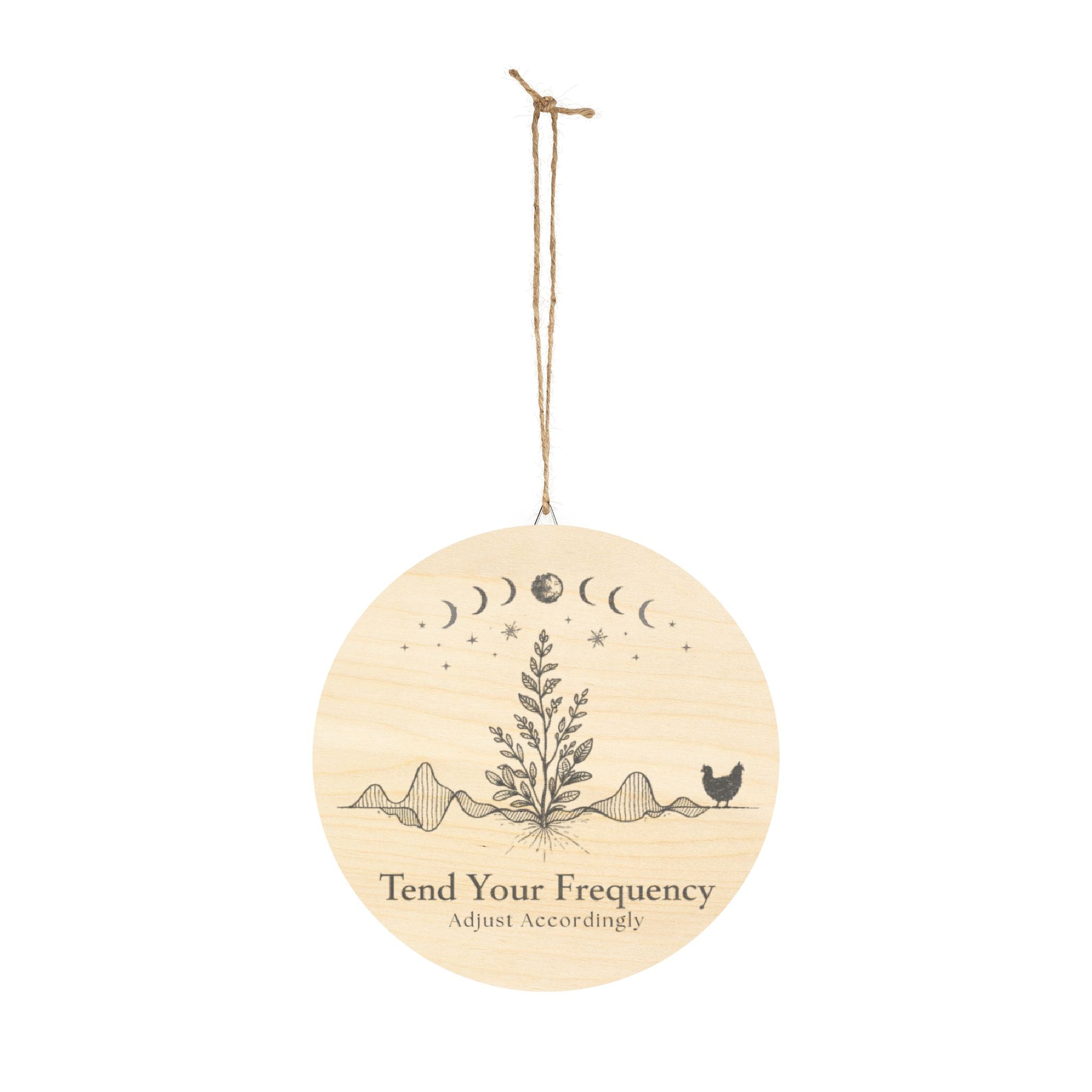 Tend Your Frequency: Adjust Accordingly Botanical Moon Phase Wood Sign Wall Art