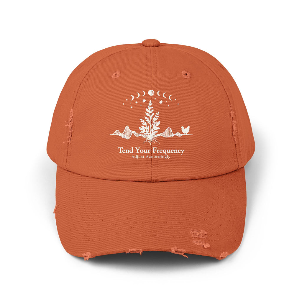 Tend Your Frequency: Adjust Accordingly Botanical Moon Phase Distressed Cap