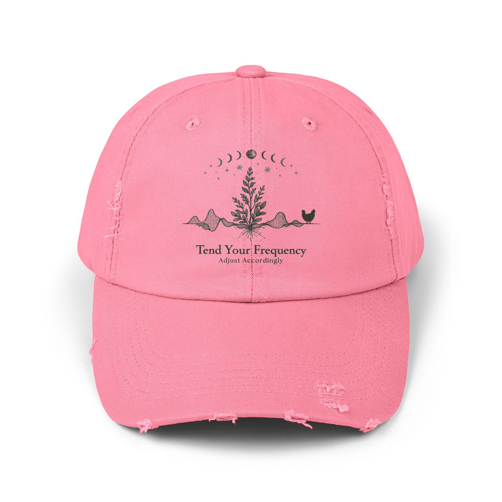 Tend Your Frequency: Adjust Accordingly Botanical Moon Phase Distressed Cap