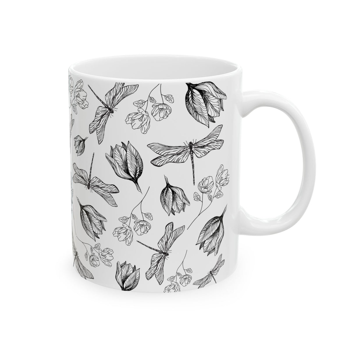 Dragonfly Floral White Ceramic Mug